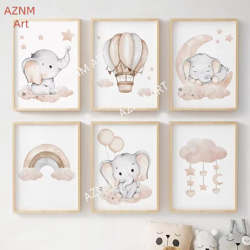 Baby Nursery Prints - Постеры с изображением слона, воздушного шара,