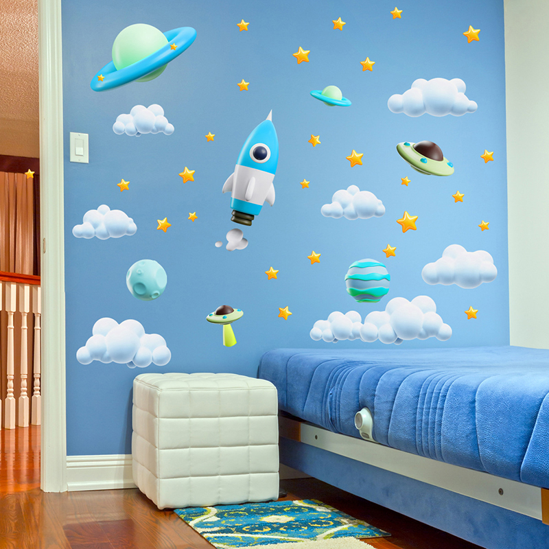 Baby Nursery Diy - Синяя Галактика, космическая ракета, НЛО, стикер