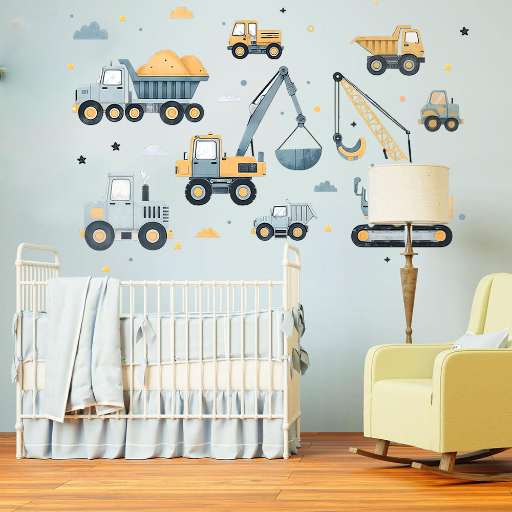 Baby Nursery Wall Decals - Набор автомобилей-экскаваторов с героями мультфильмов, наклейка