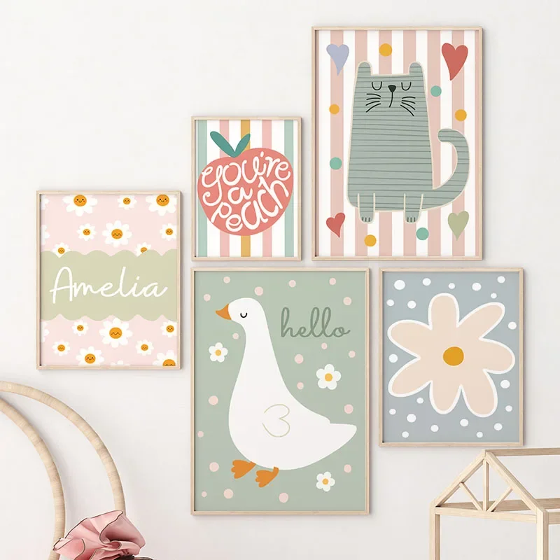 Baby Nursery Prints - Мультяшный кот, утка, птица, яблоко, имя