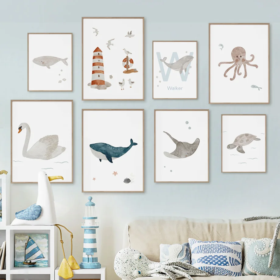 Baby Nursery Prints - Настенное искусство с изображением морских животных: