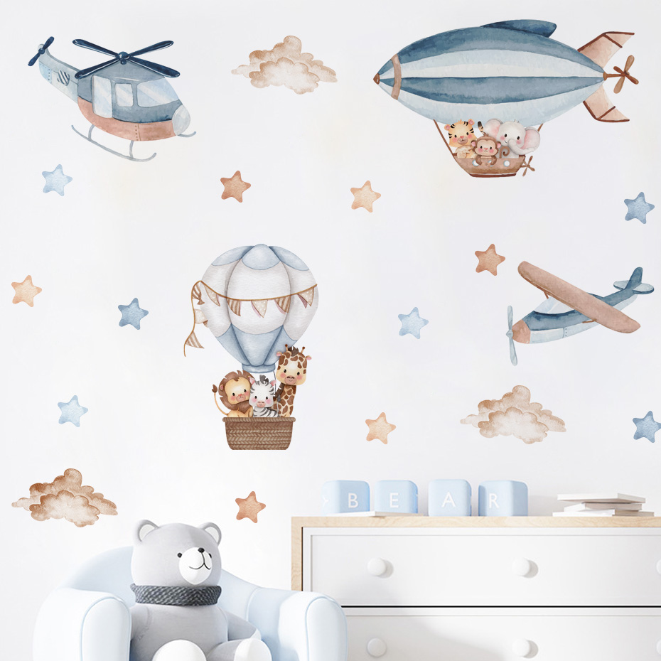 Baby Nursery Wall Decals - Акварельные животные, воздушные шары, облака, наклейки