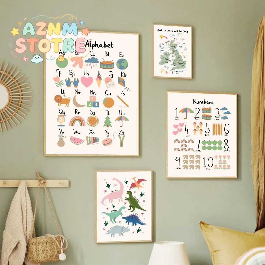 Baby Nursery Items - Карта мира животных, динозавры, алфавит, цифры,